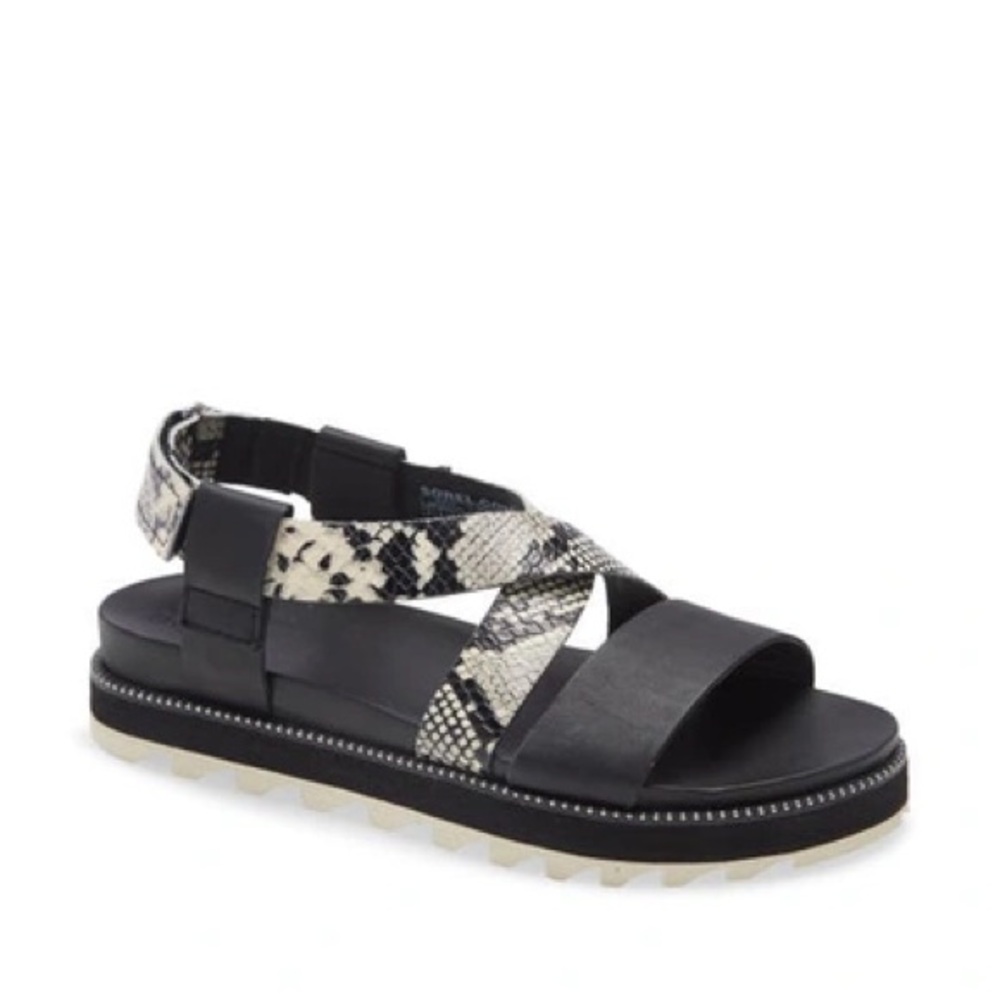 Sorel Roaming Criss Cross Black Snakeskin Leather Sandals Women’s Size 8